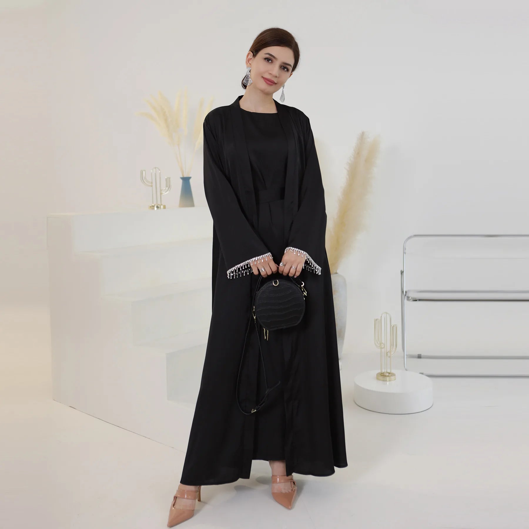 Nida Crystal Chain Evening Set – Cardigan, Dress & Chain - Coffee - S | AbayaVida