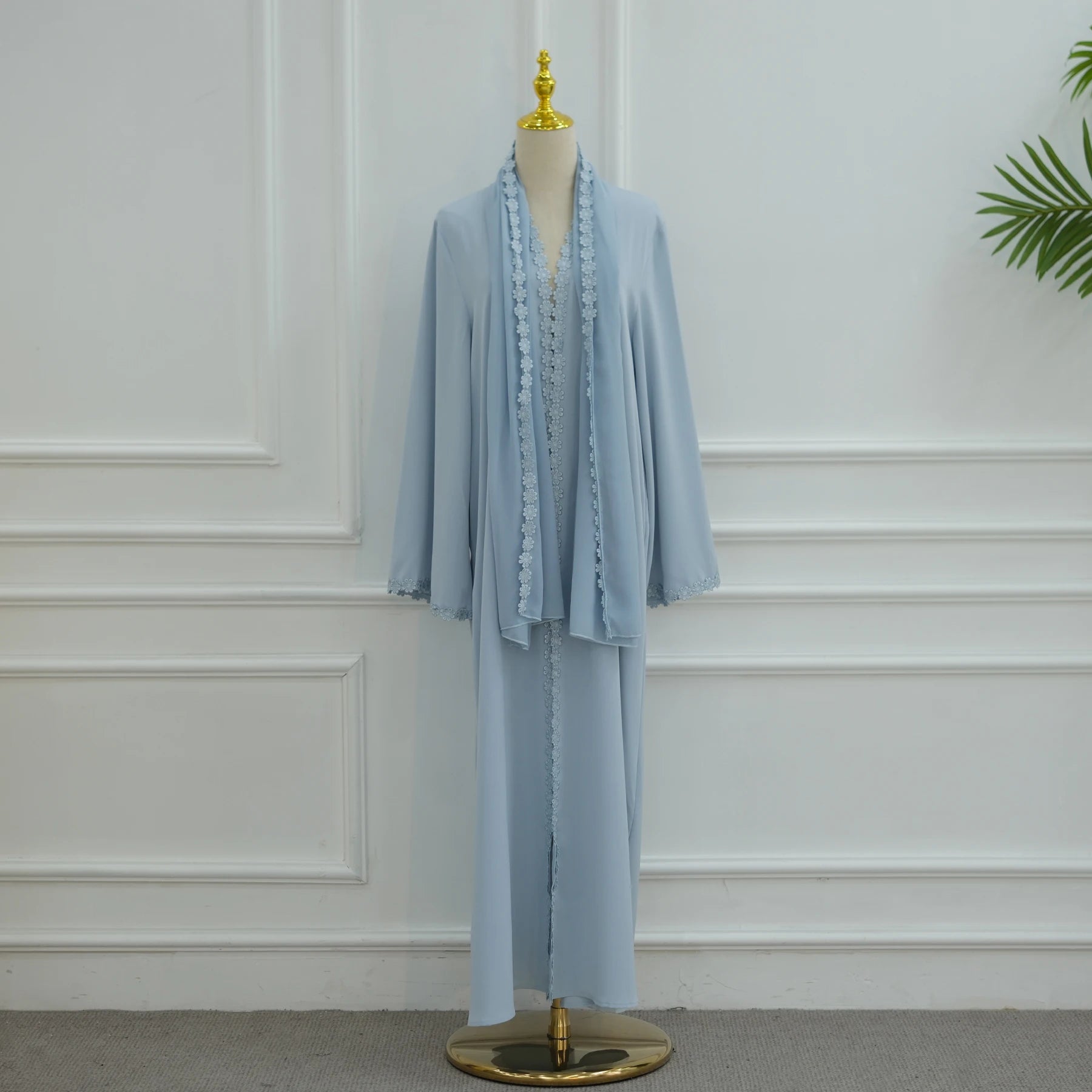 Summer Lace Flower Abaya with Scarf – Open Front Robe, Side Pockets