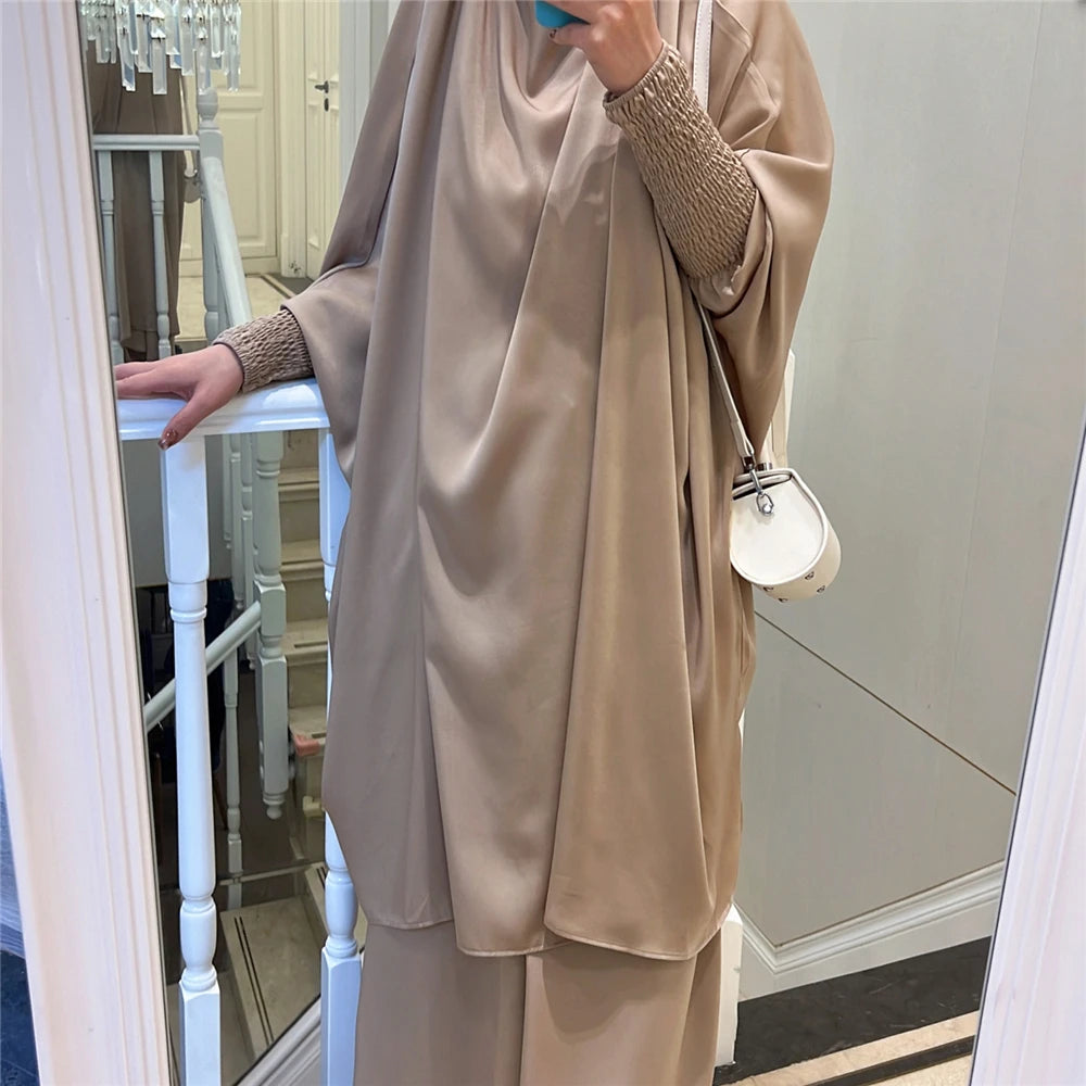 Eid Djellaba Kebaya Two-Piece Set – Hooded Satin Khimar & Skirt, One Size