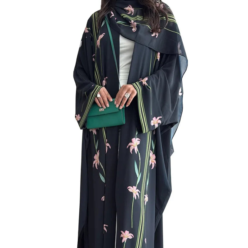 Embroidered Two-Piece Cardigan Abaya with Hijab – Button Closure, One Size