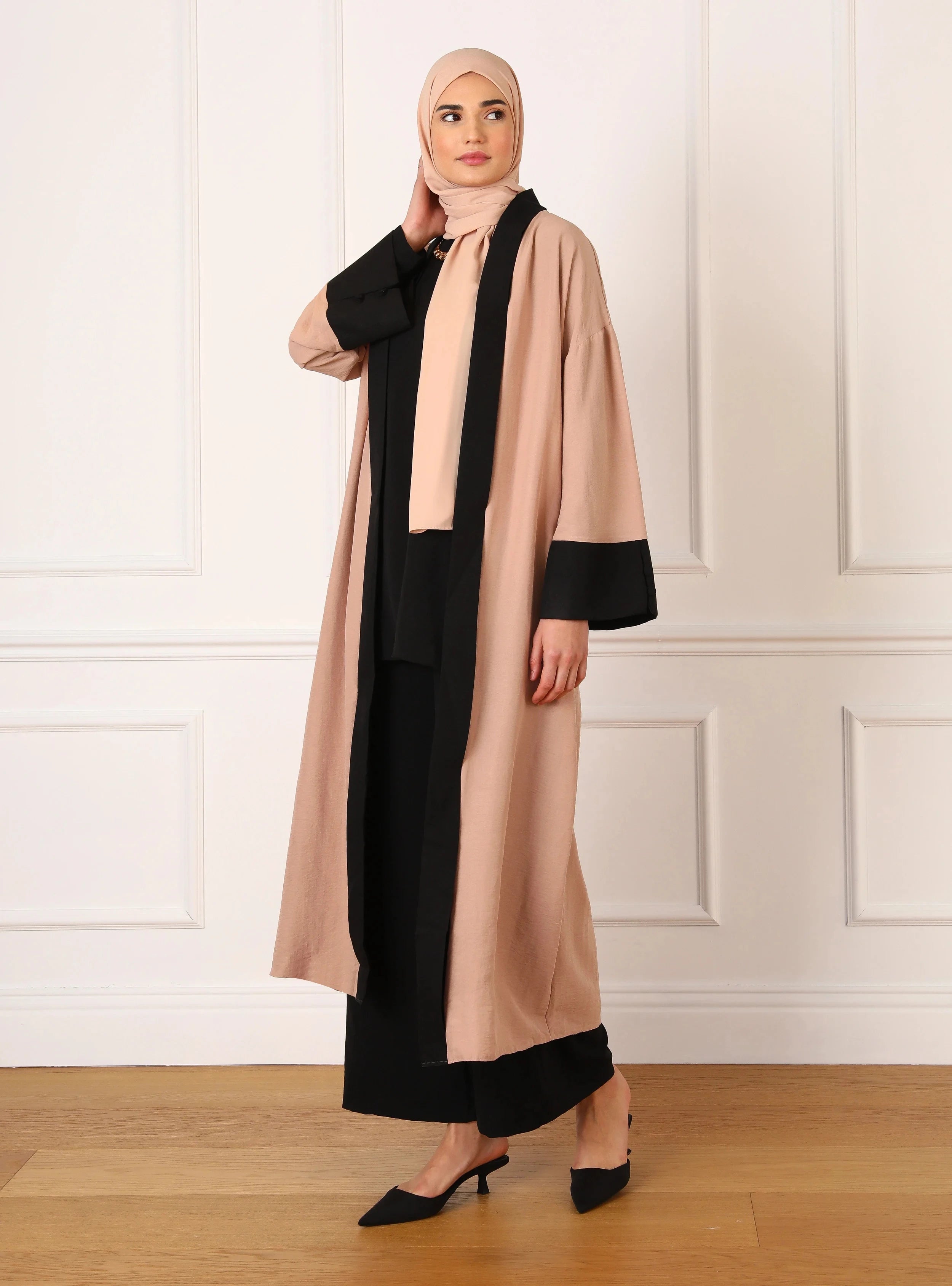Pink Patchwork Abaya Cardigan – Open Front Robe | AbayaVida