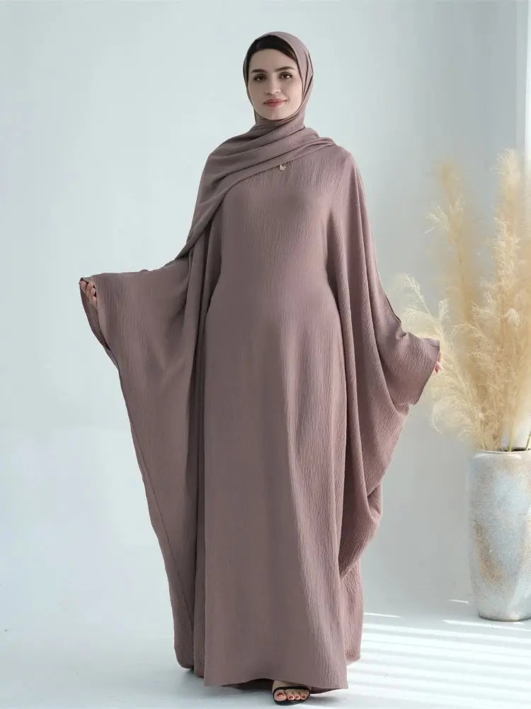 Soft Crepe Khimar Batwing Set with Hijab – Pullover Prayer Dress - Coffee with hijab - M | AbayaVida