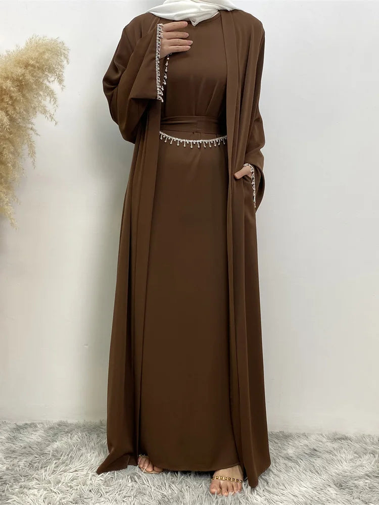 Nida Crystal Chain Evening Set – Cardigan, Dress & Chain - Khaki - S | AbayaVida