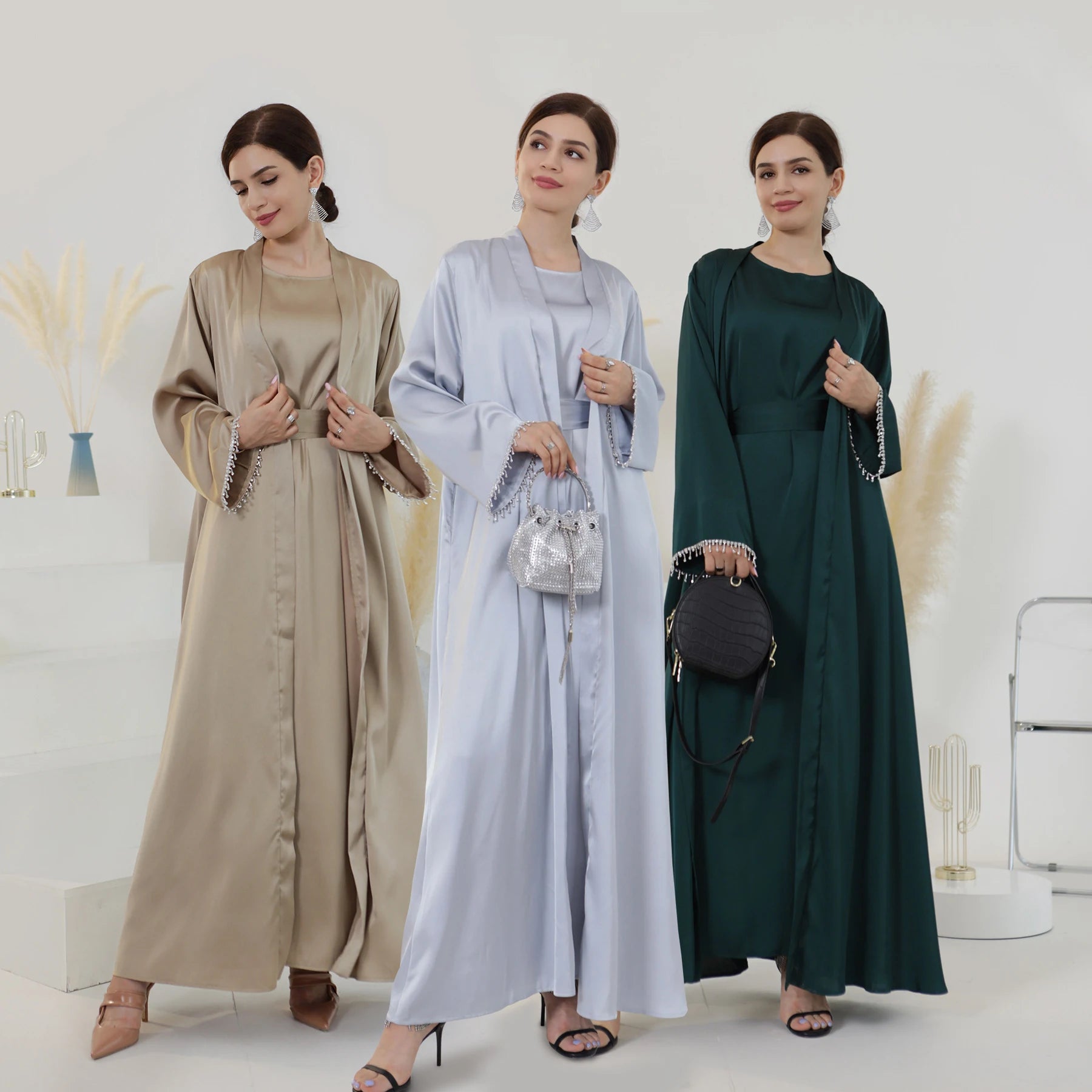 Nida Crystal Chain Evening Set – Cardigan, Dress & Chain - Khaki - XXL | AbayaVida