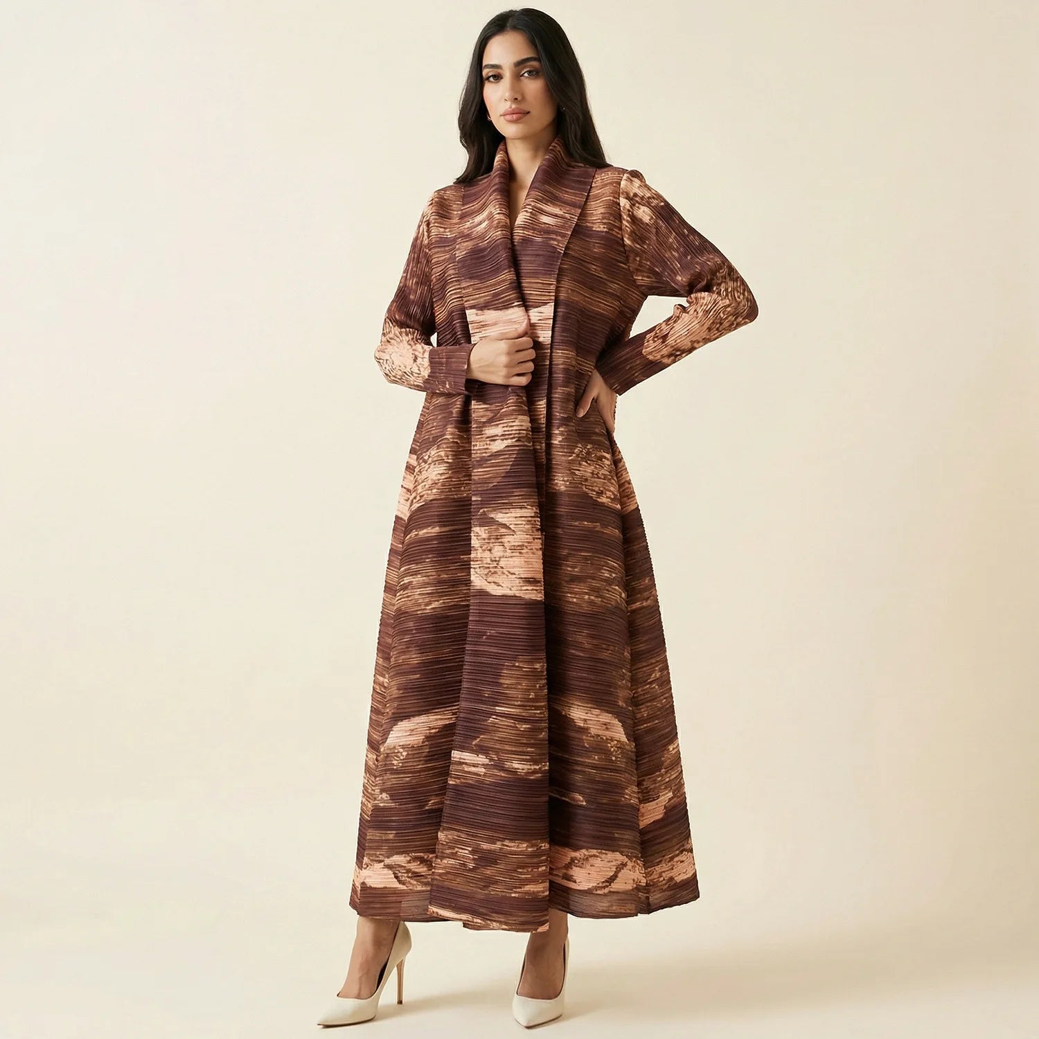 Pleated Stand Collar Abaya – Chic Open Front Robe, One Size