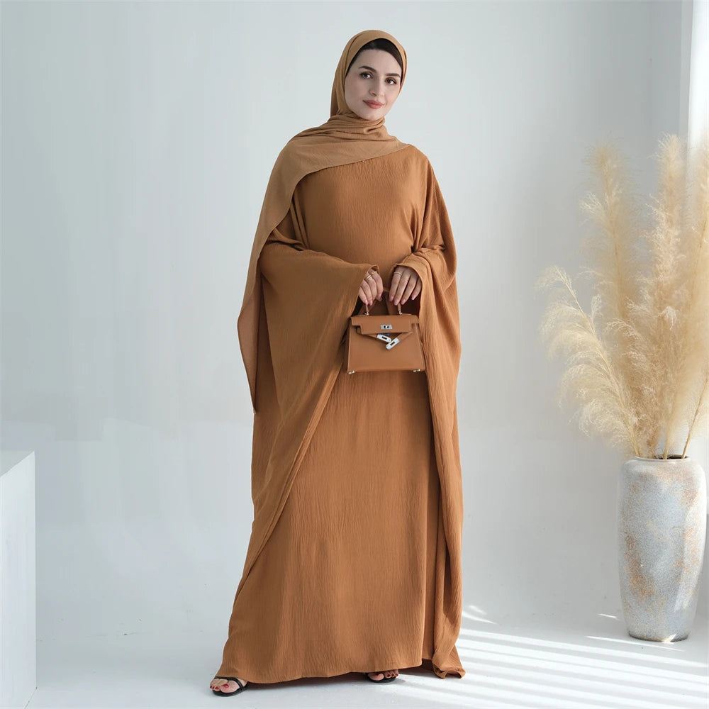 Soft Crepe Khimar Batwing Set with Hijab – Pullover Prayer Dress - Dark Blue with hijab - M | AbayaVida