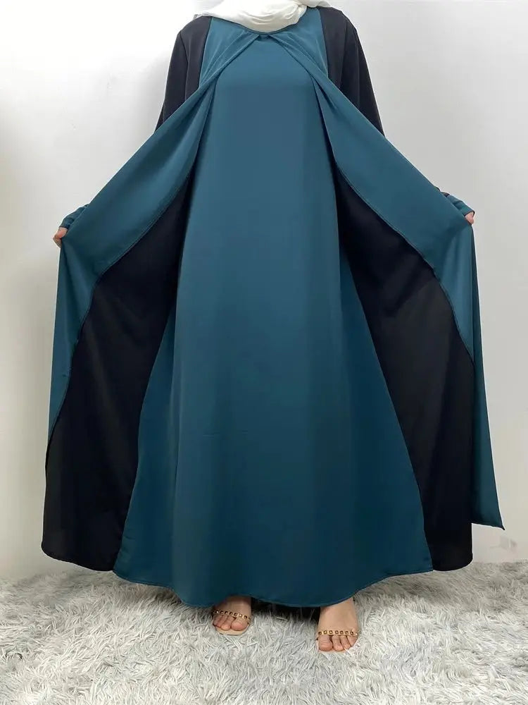 Luxury Splicing Faux Two-Piece Abaya – Zip Front Colour-Block Robe