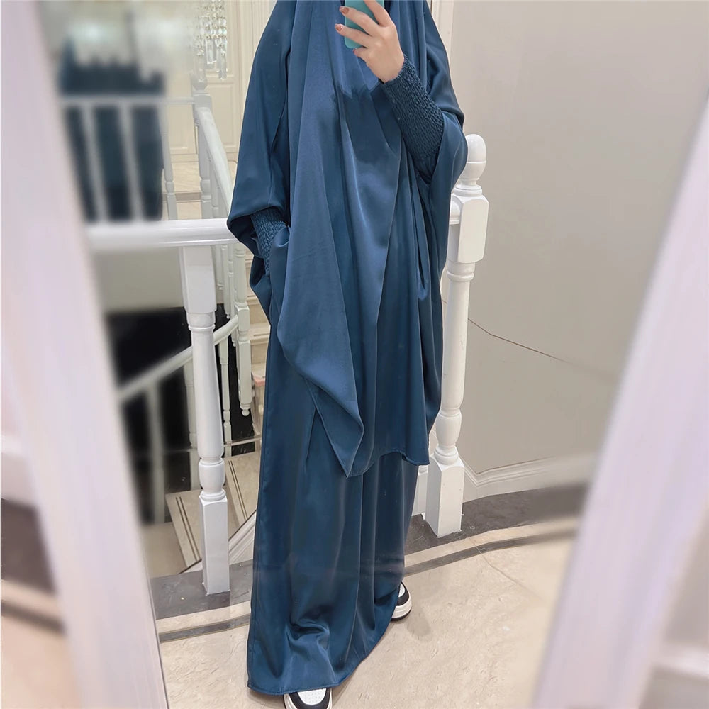 Eid Djellaba Kebaya Two-Piece Set – Hooded Satin Khimar & Skirt, One Size