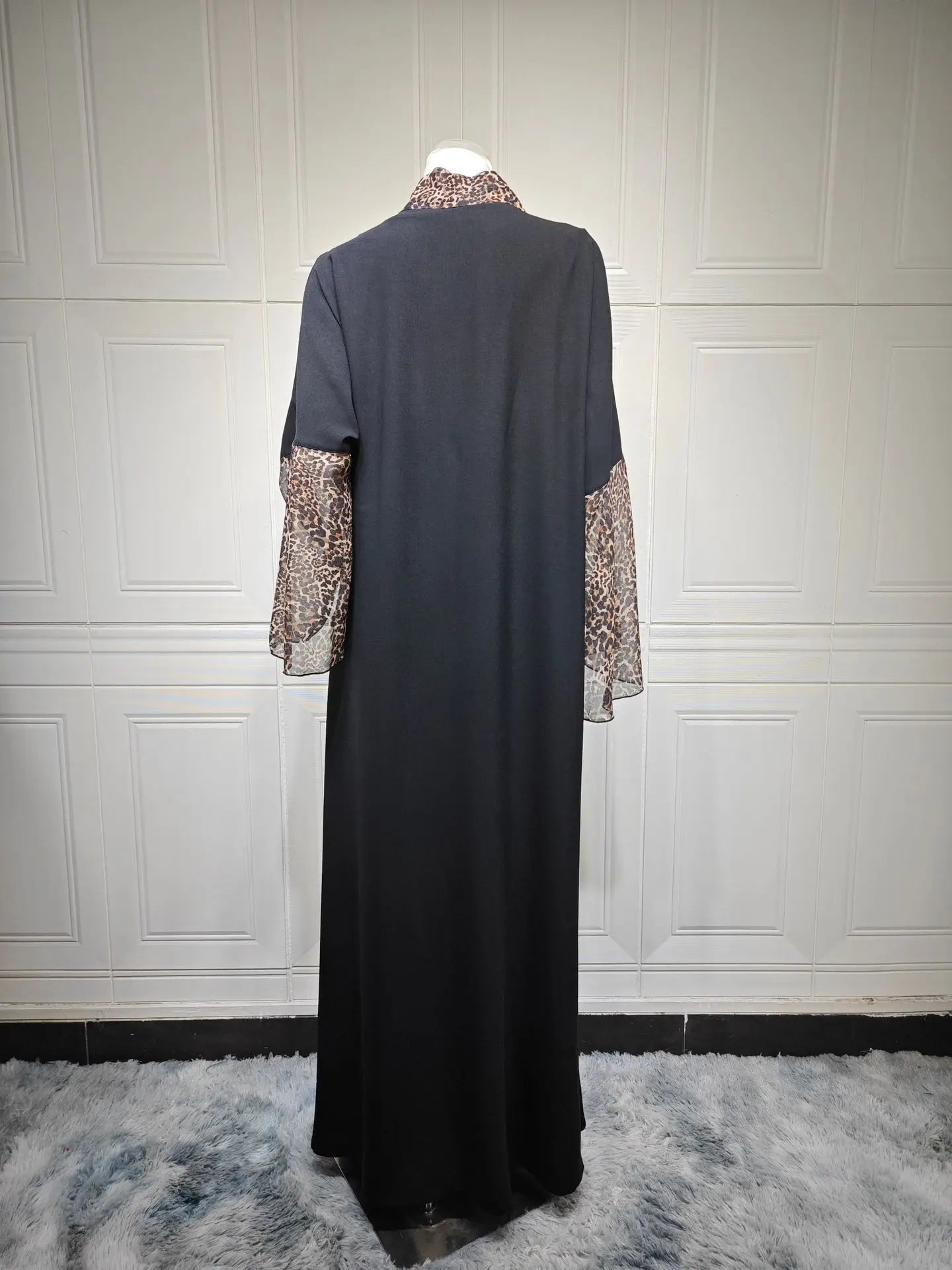 Leopard Trim Chiffon Abaya Set with Hijab – Open Front Kaftan | AbayaVida