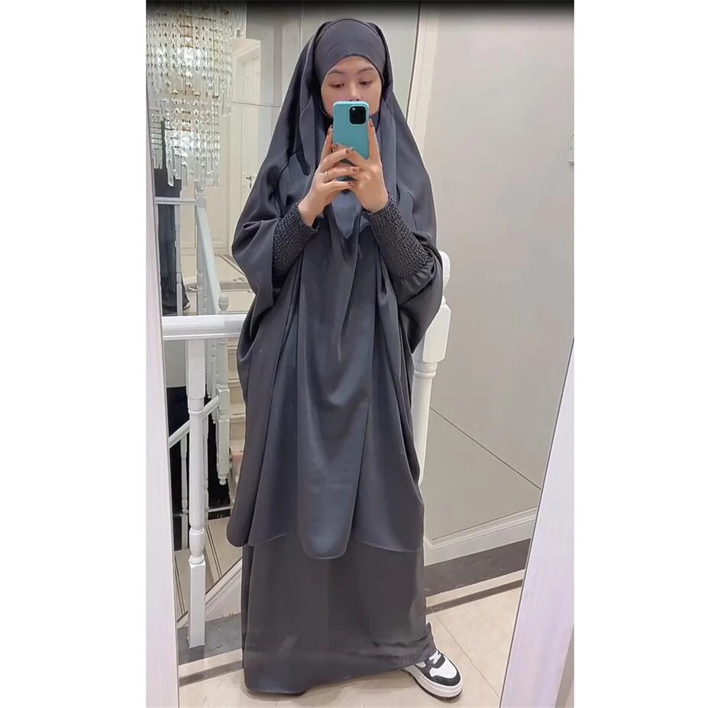 Eid Djellaba Kebaya Two-Piece Set – Hooded Satin Khimar & Skirt, One Size