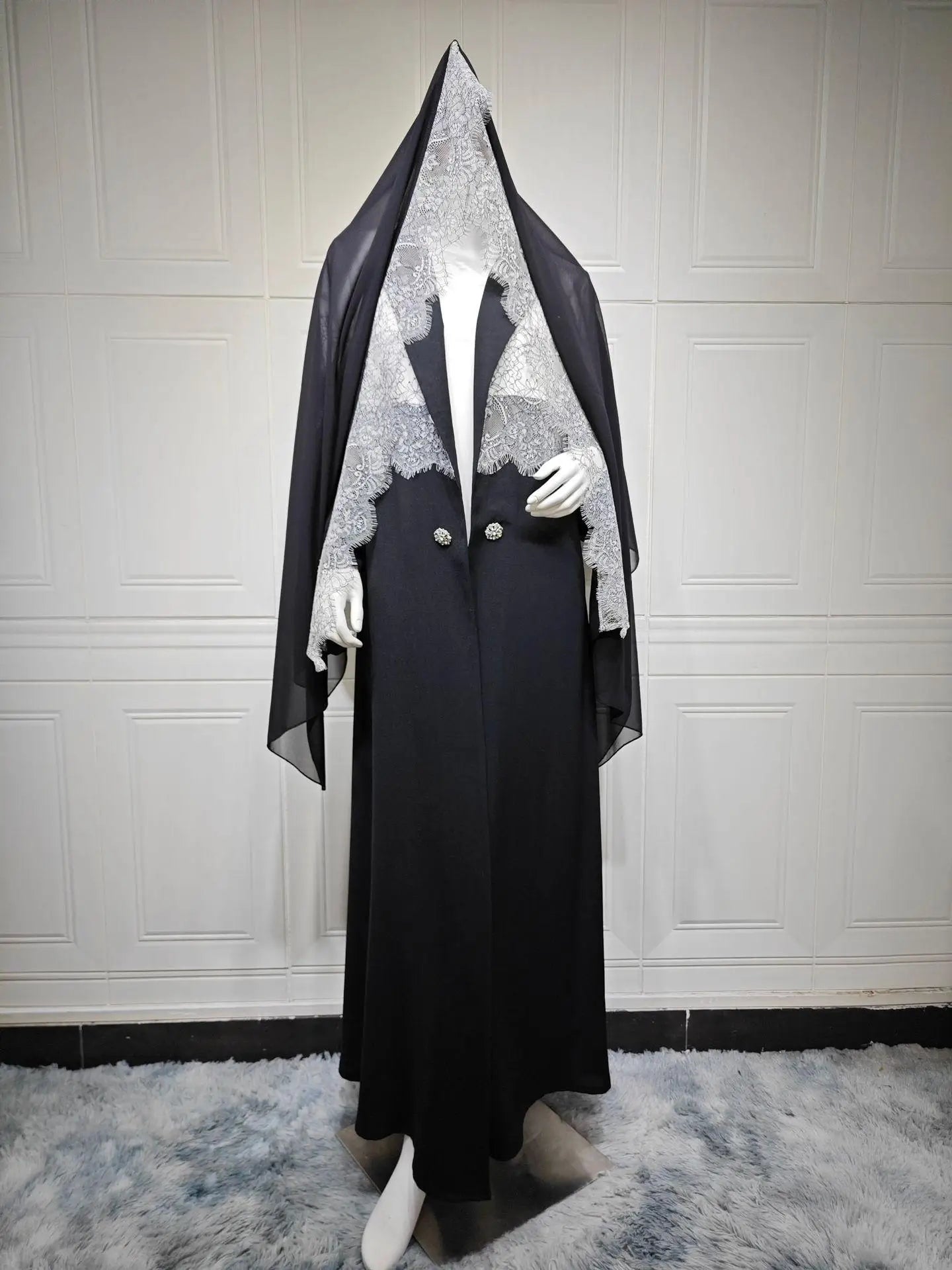 Modest Lace Trim Abaya – Open Front Robe with Lapel Collar
