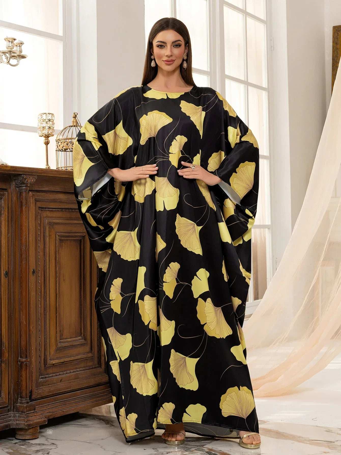 Golden Ginkgo Printed Abaya - Abaya Vida