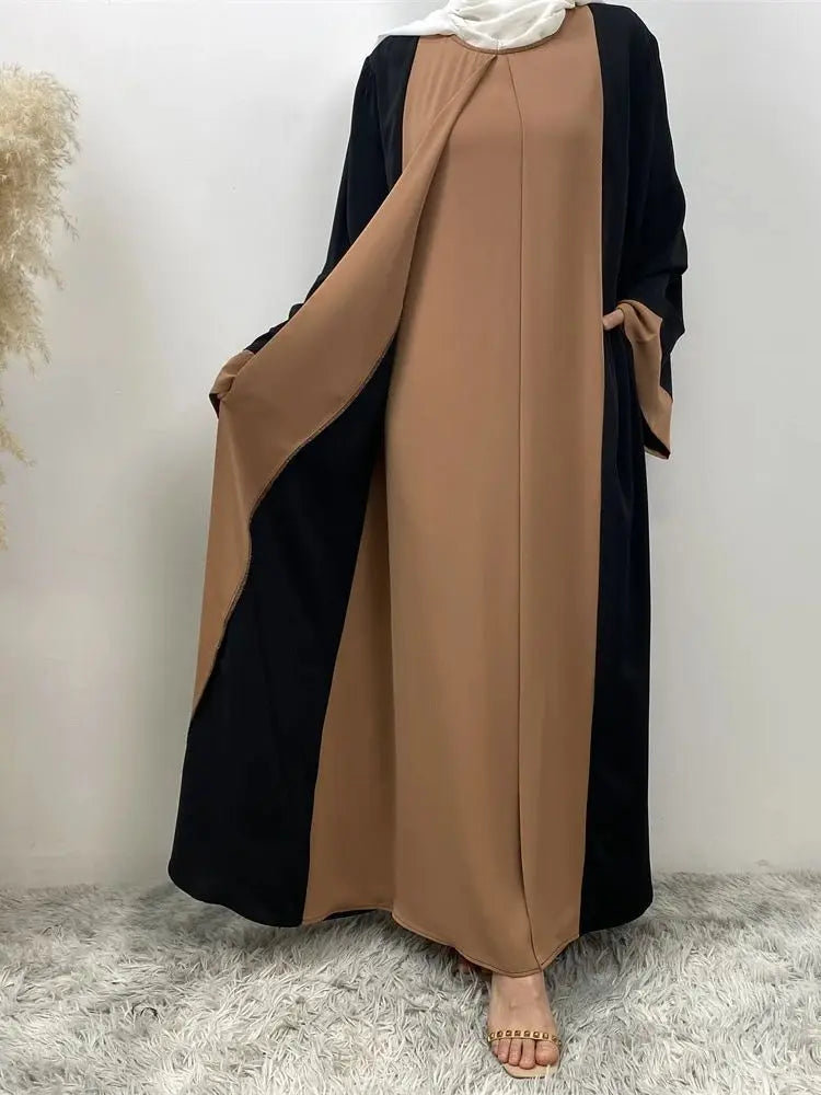 Luxury Splicing Faux Two-Piece Abaya – Zip Front Colour-Block Robe