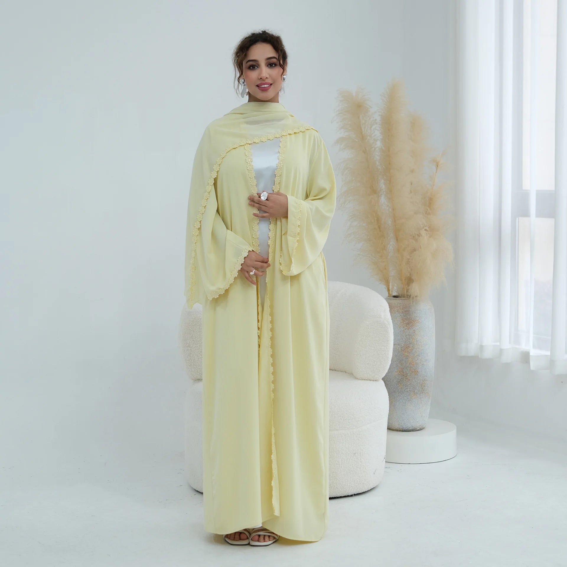 Eid Abaya with Hijab Set – Lace Detail Open Front Robe