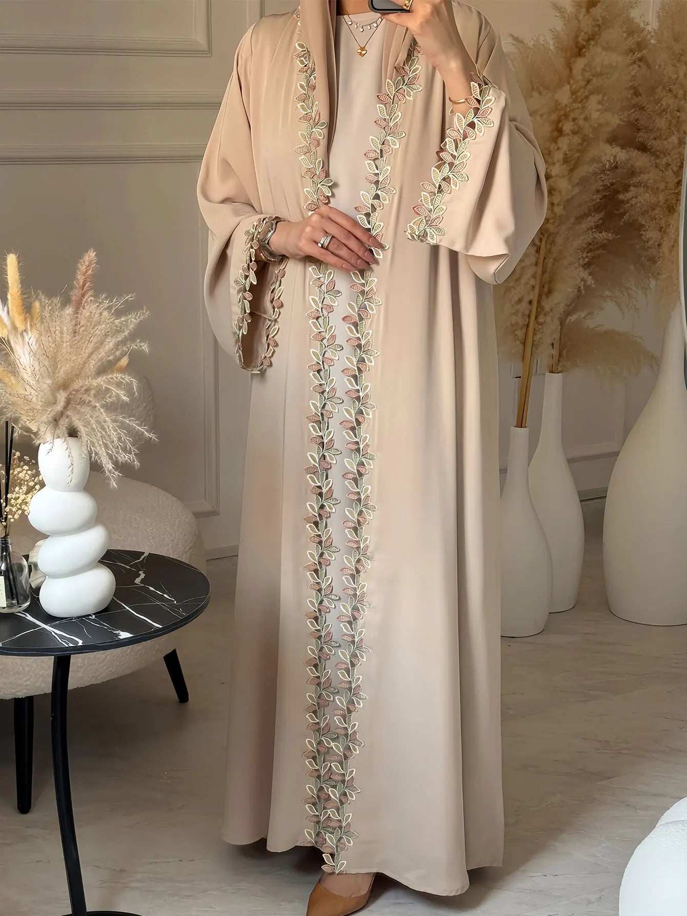 Beige Harmony Embroidered Abaya - Abaya Vida