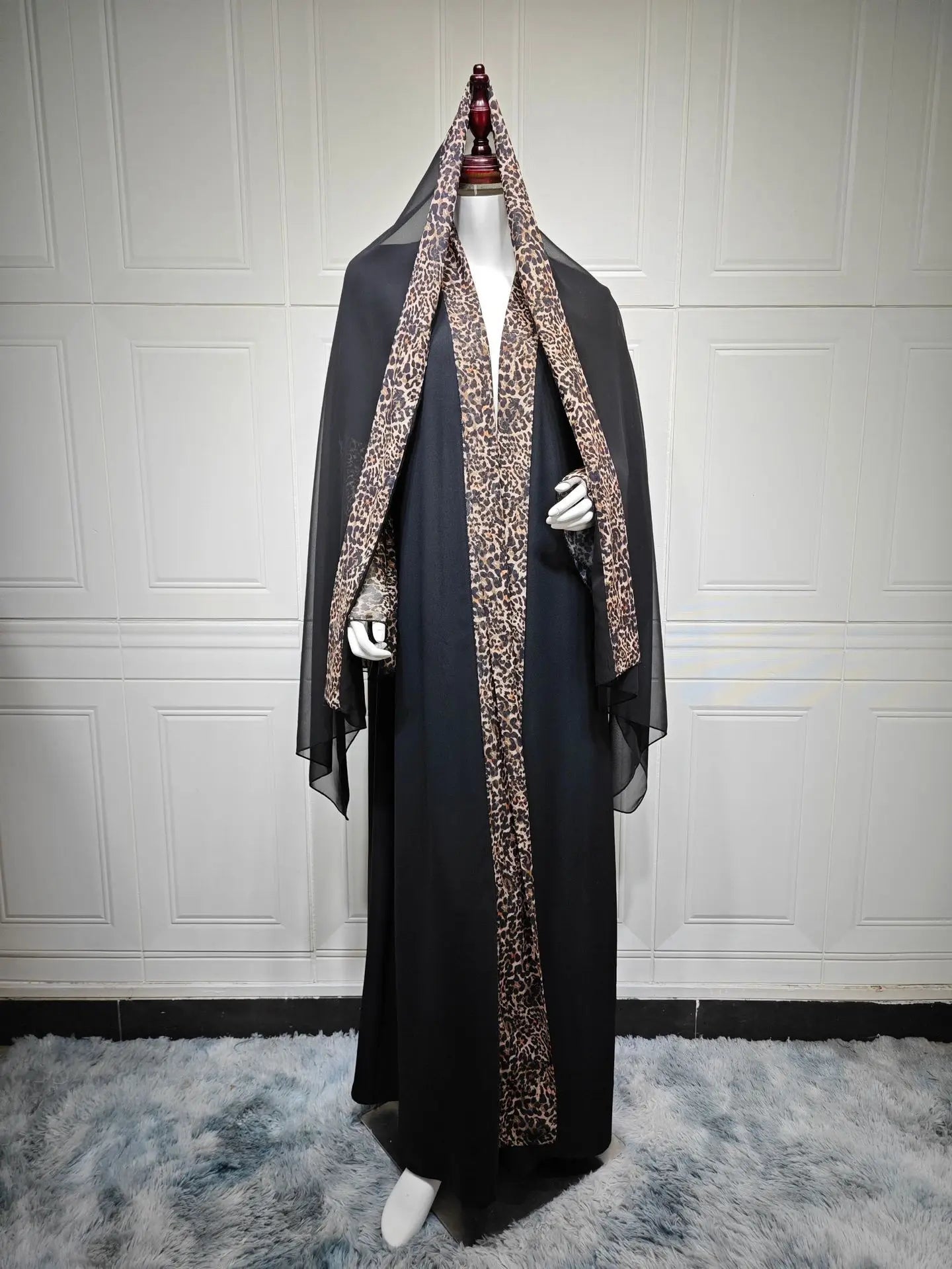 Leopard Trim Chiffon Abaya Set with Hijab – Open Front Kaftan | AbayaVida
