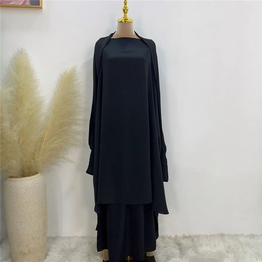 Eid Djellaba Kebaya Two-Piece Set – Hooded Satin Khimar & Skirt, One Size