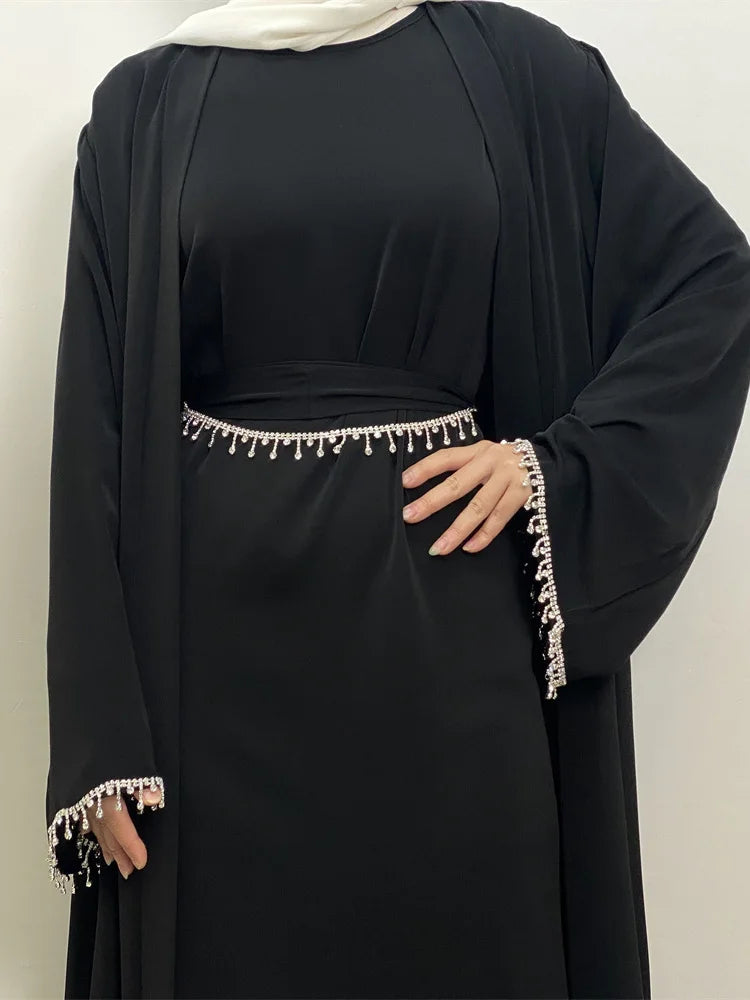 Nida Crystal Chain Evening Set – Cardigan, Dress & Chain - Teal - XXL | AbayaVida