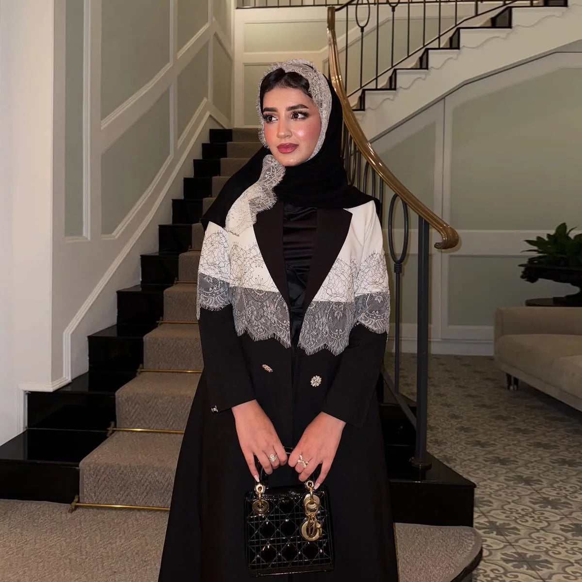 Modest Lace Trim Abaya – Open Front Robe with Lapel Collar
