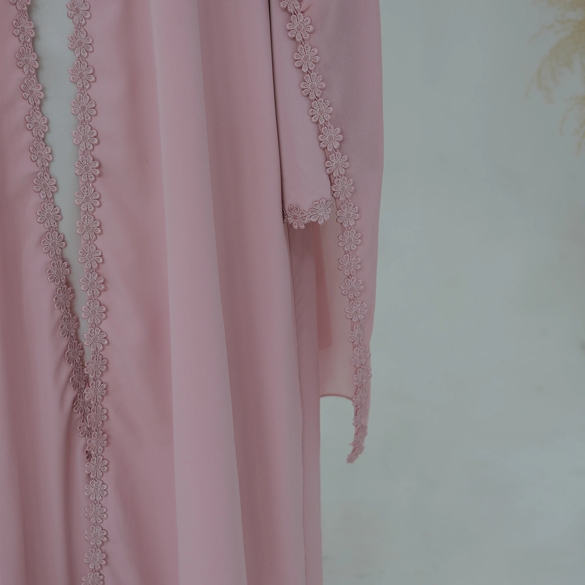 Summer Lace Flower Abaya with Scarf – Open Front Robe, Side Pockets