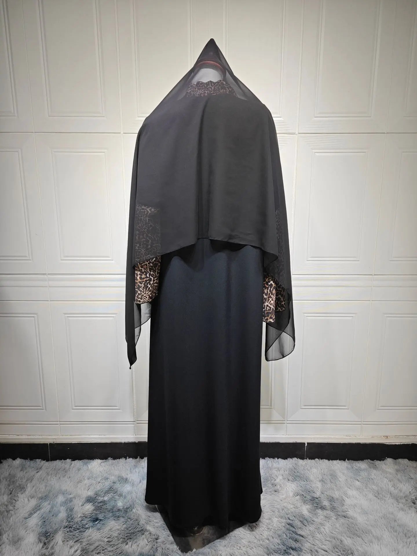 Leopard Trim Chiffon Abaya Set with Hijab – Open Front Kaftan | AbayaVida