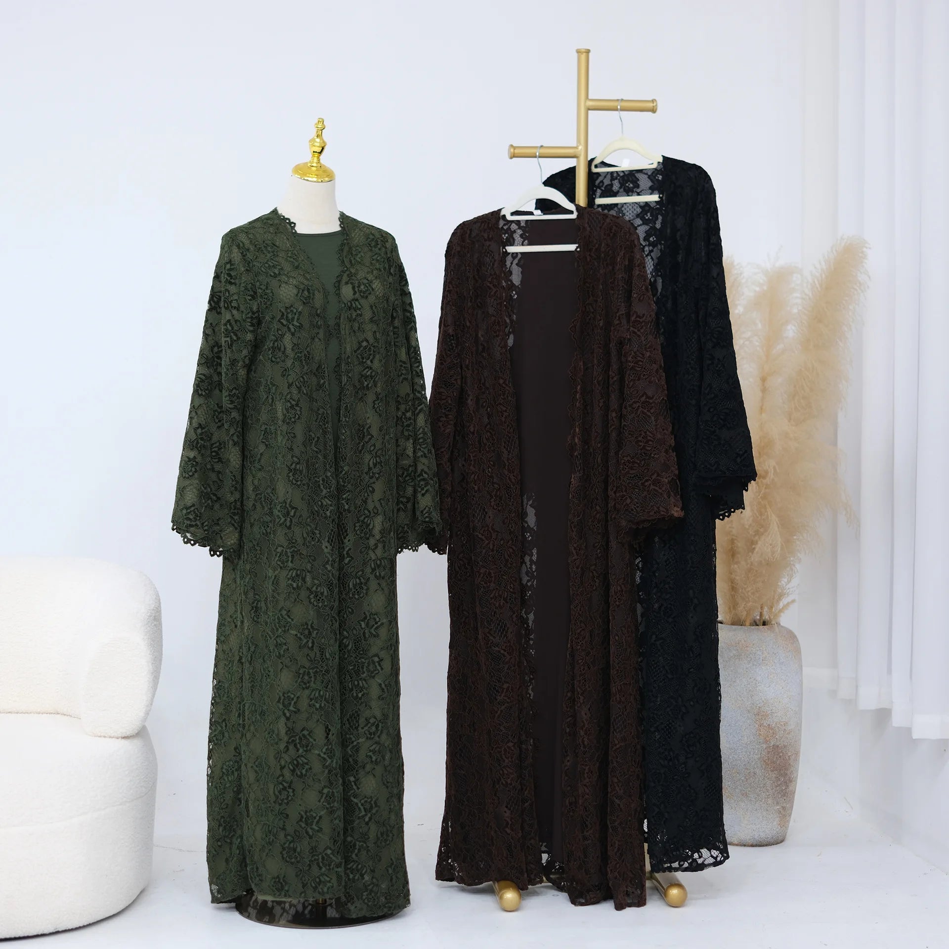 Zahraa Beaded Kimono Abaya – Lined Lace Open Front Robe - Black - L | AbayaVida