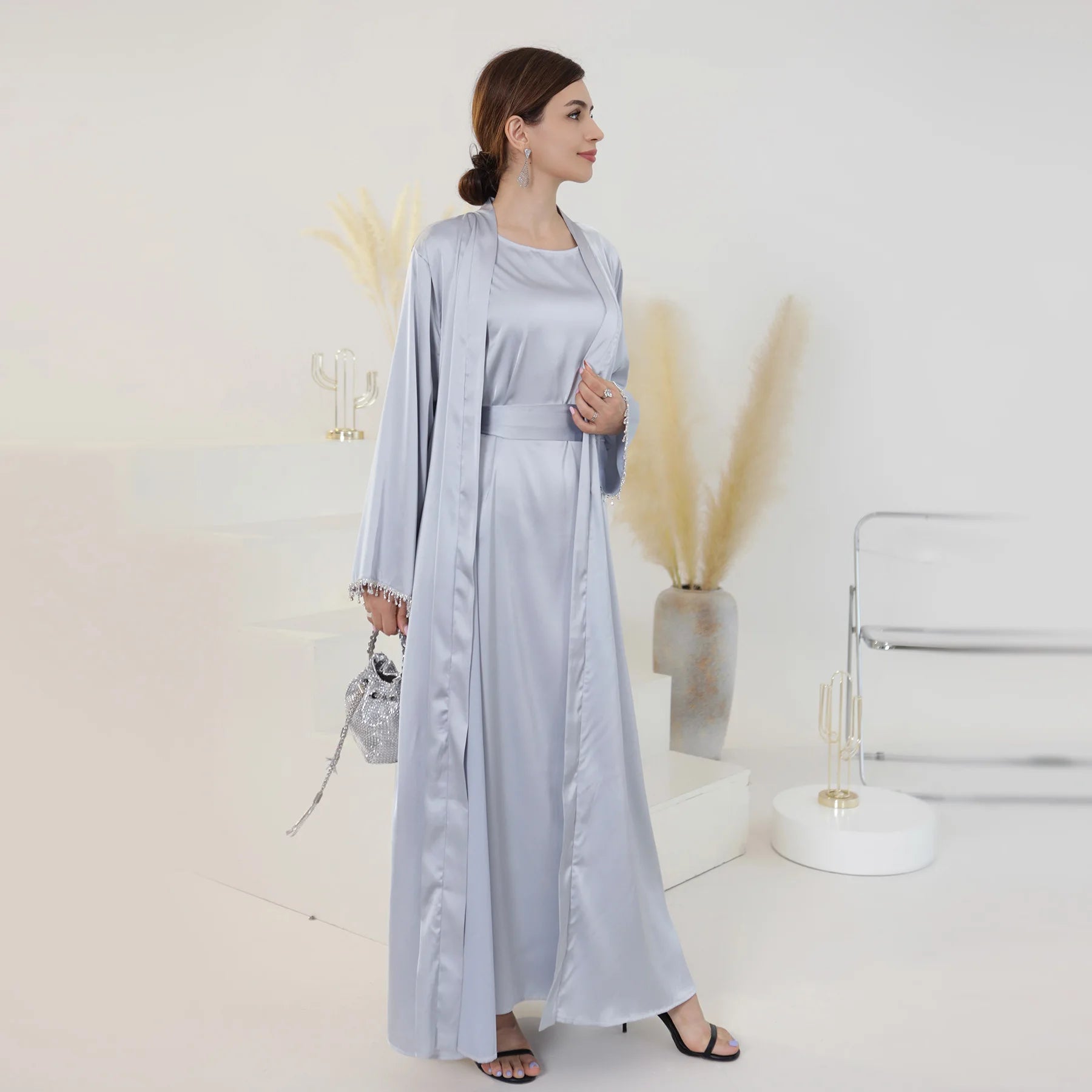 Nida Crystal Chain Evening Set – Cardigan, Dress & Chain | AbayaVida
