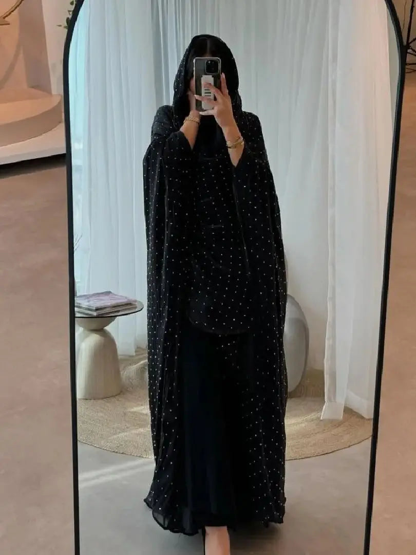 Wave Point Open Kimono Abaya – Black Layering Robe