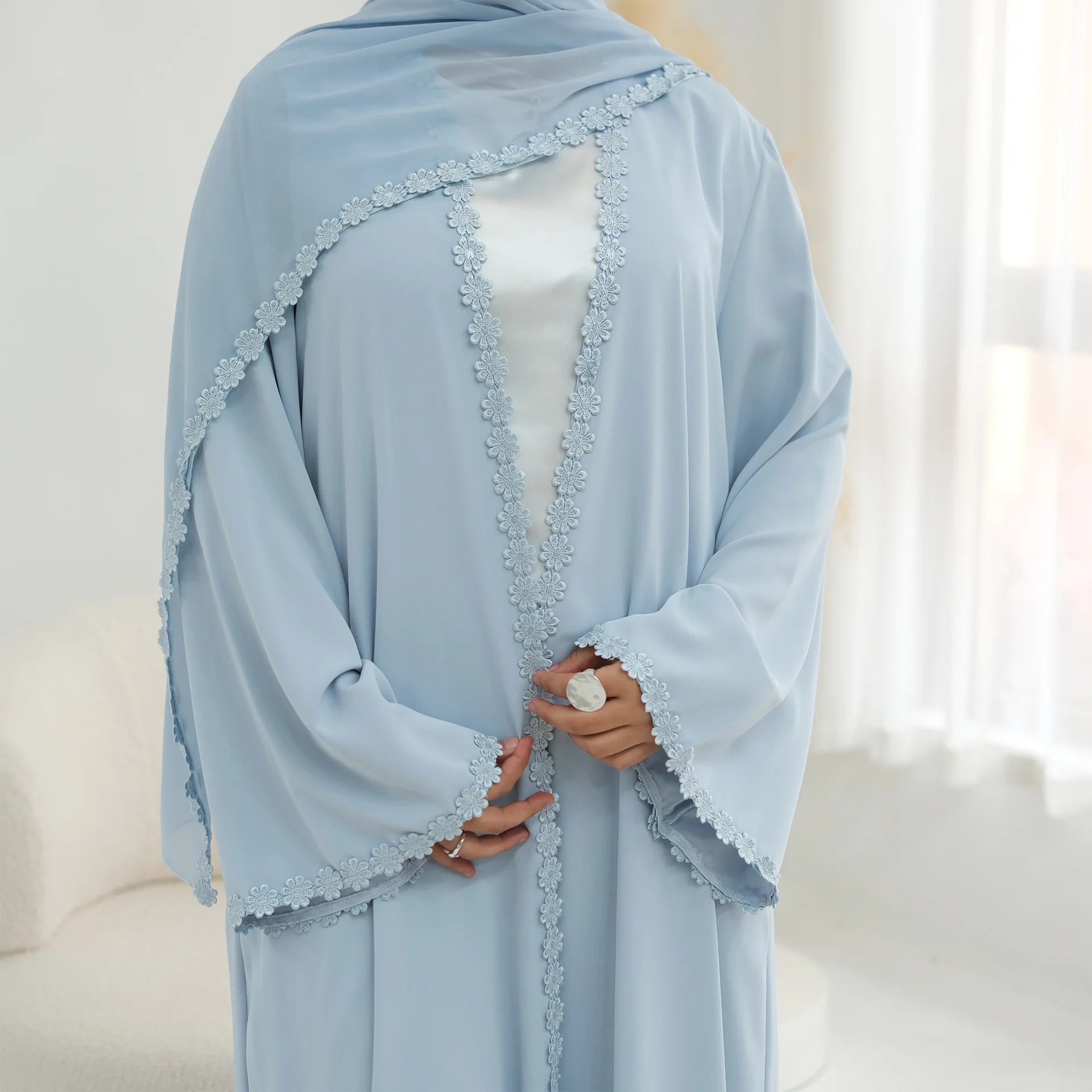 Eid Abaya with Hijab Set – Lace Detail Open Front Robe
