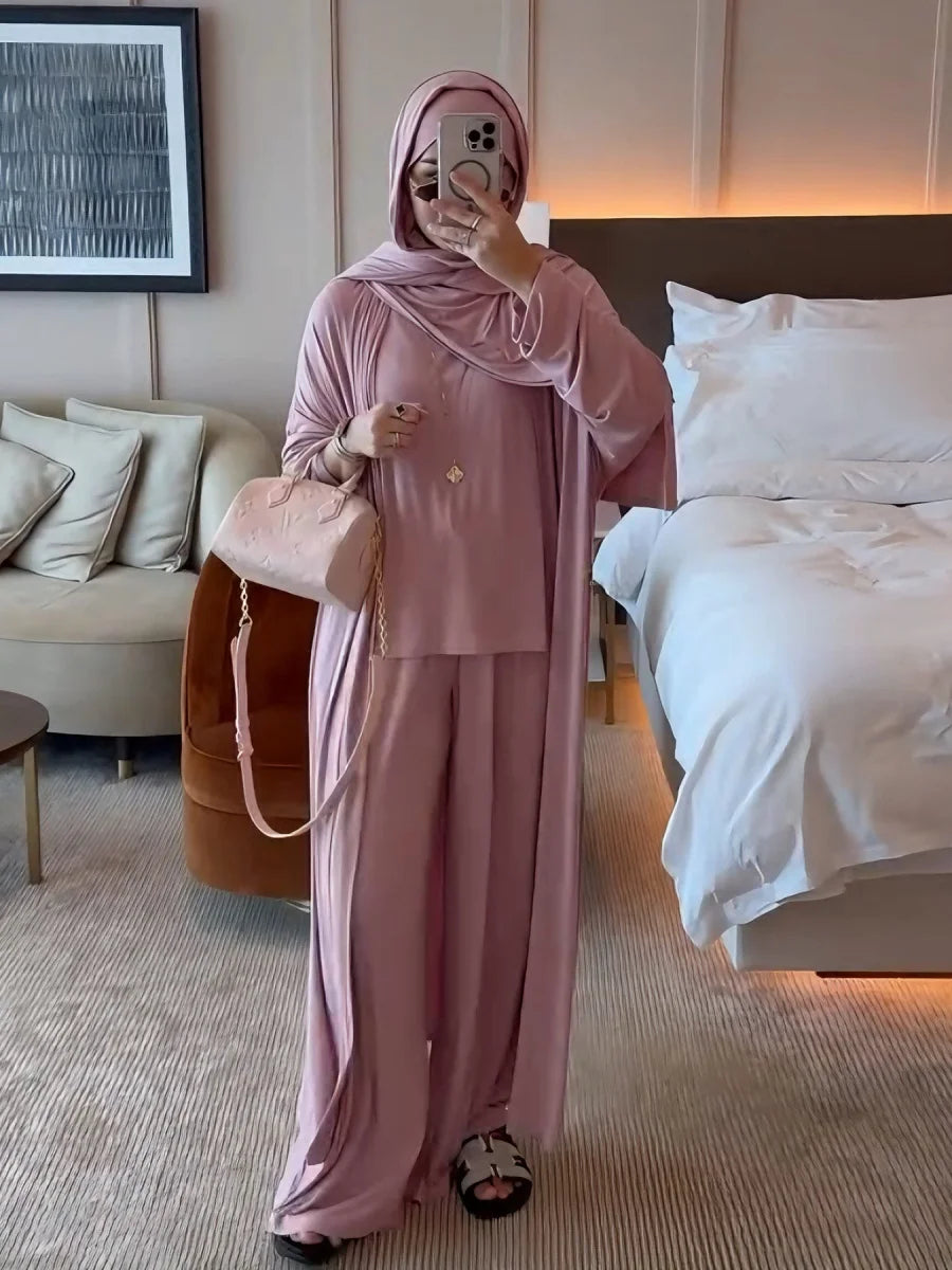 Dubai Three-Piece Abaya Set – Cardigan, Top & Trousers Coordinated Outfit