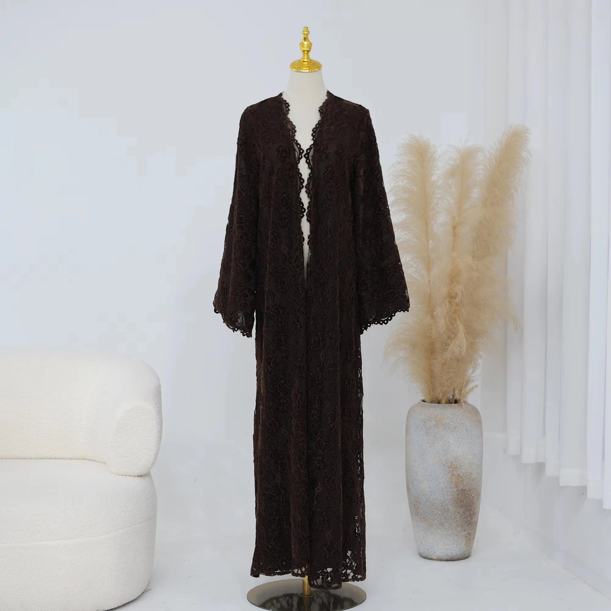 Zahraa Beaded Kimono Abaya – Lined Lace Open Front Robe | AbayaVida