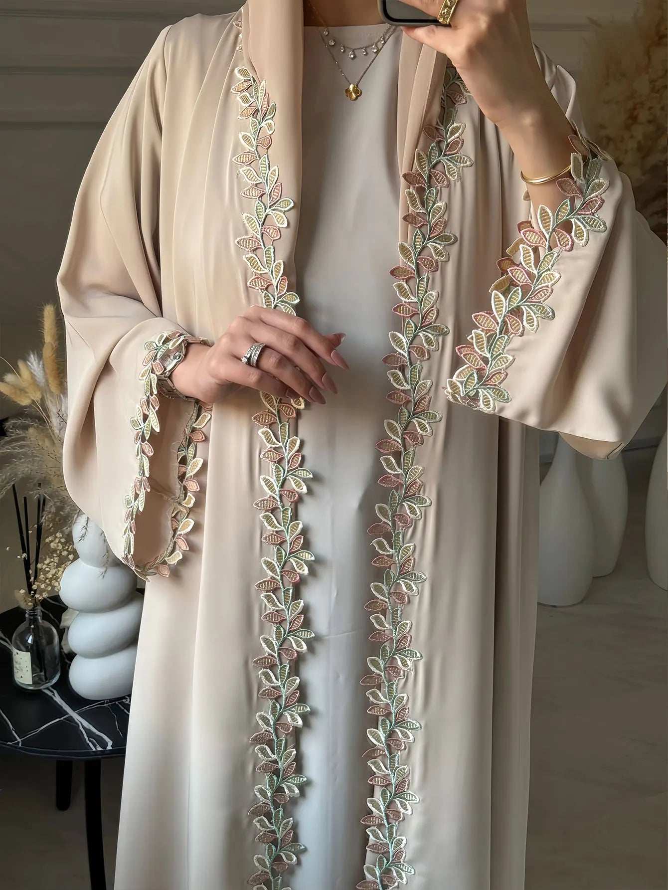 Beige Harmony Embroidered Abaya - Abaya Vida