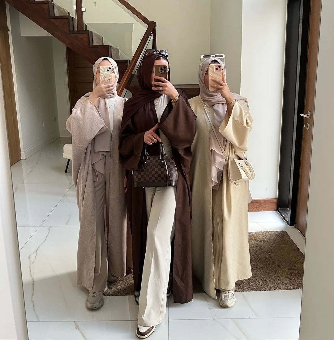 Eid Cardigan Robe – Wide Draped Open Front Abaya - Shallow Apricot | AbayaVida