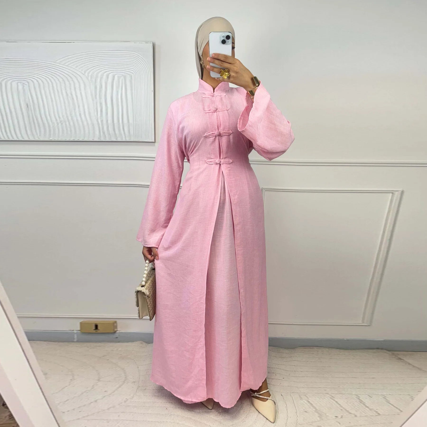 Two-Piece Arabic Modest Abaya Set – Cardigan & Inner Dress - Dark Gray - XL | AbayaVida