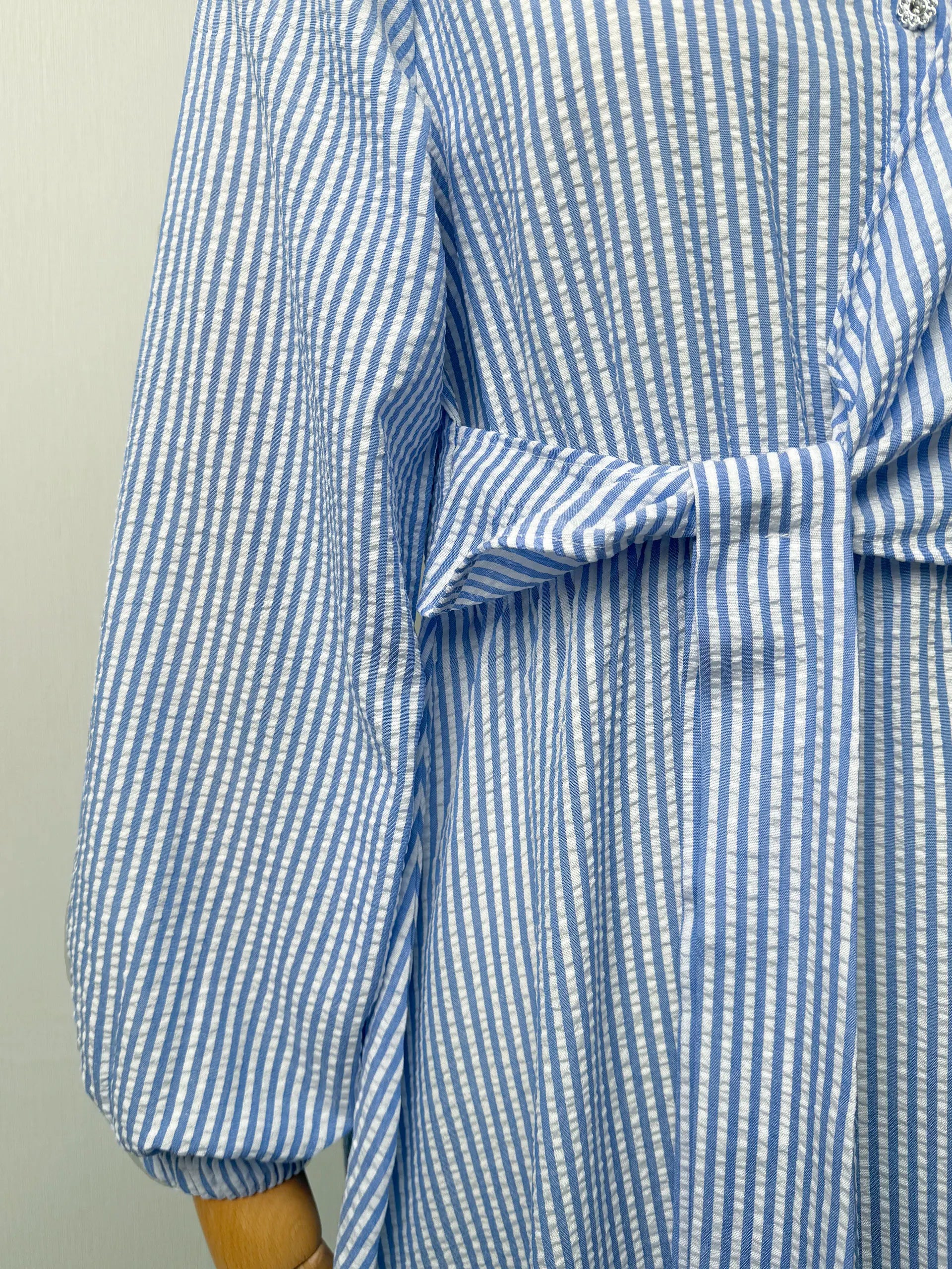 Belted Striped Modest Dress – Shirt Neckline Commute Robe - Blue - L | AbayaVida