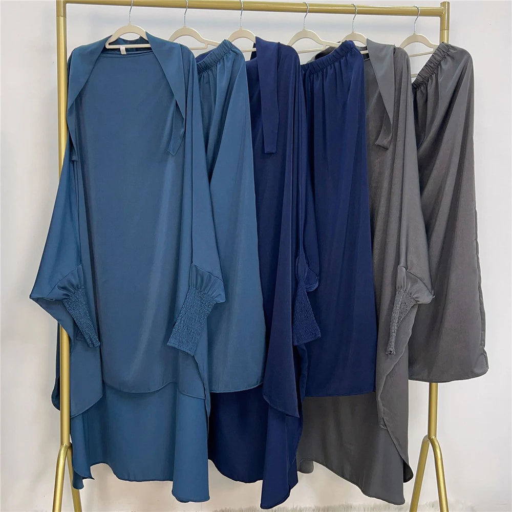 Eid Djellaba Kebaya Two-Piece Set – Hooded Satin Khimar & Skirt, One Size