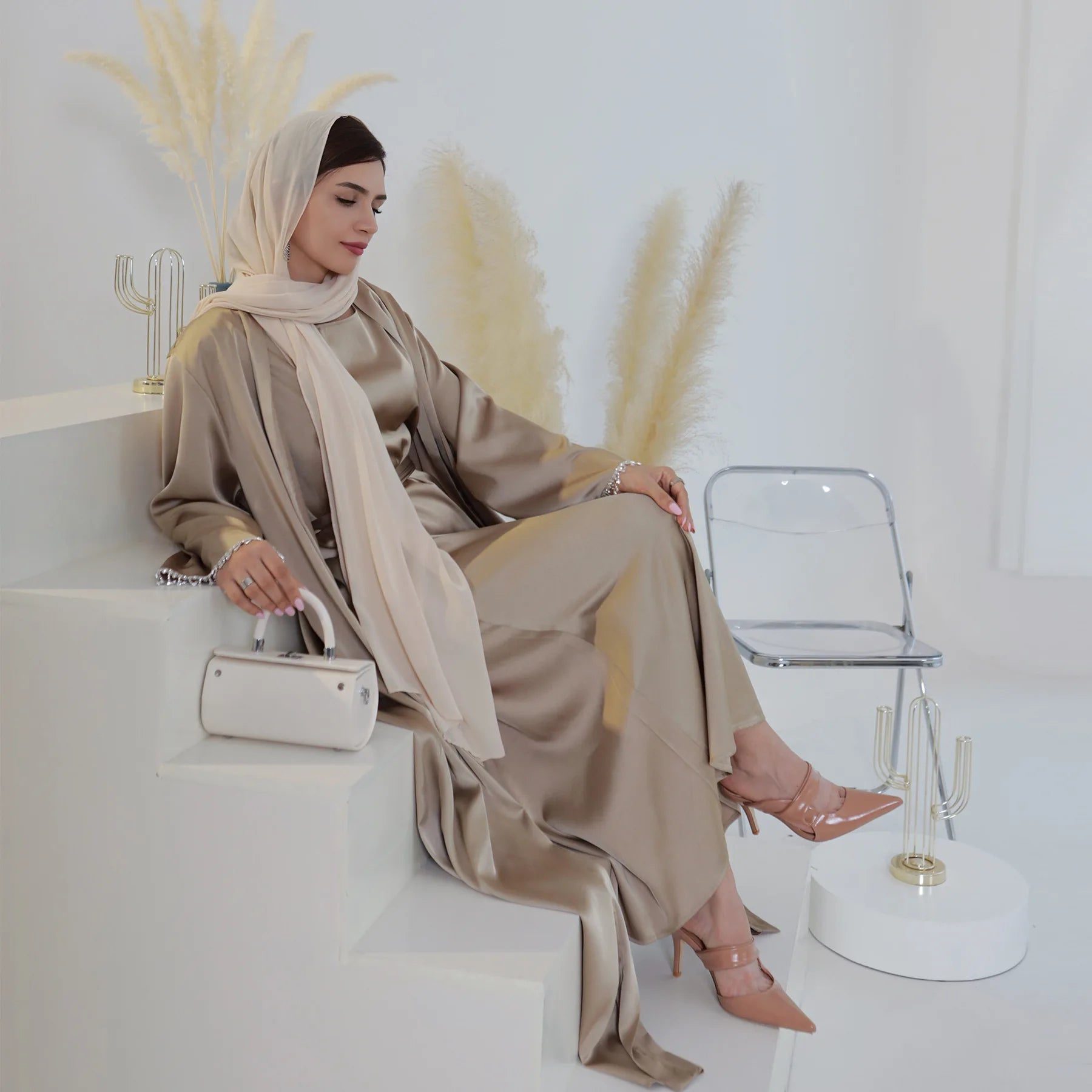 Nida Crystal Chain Evening Set – Cardigan, Dress & Chain - Grey - S | AbayaVida