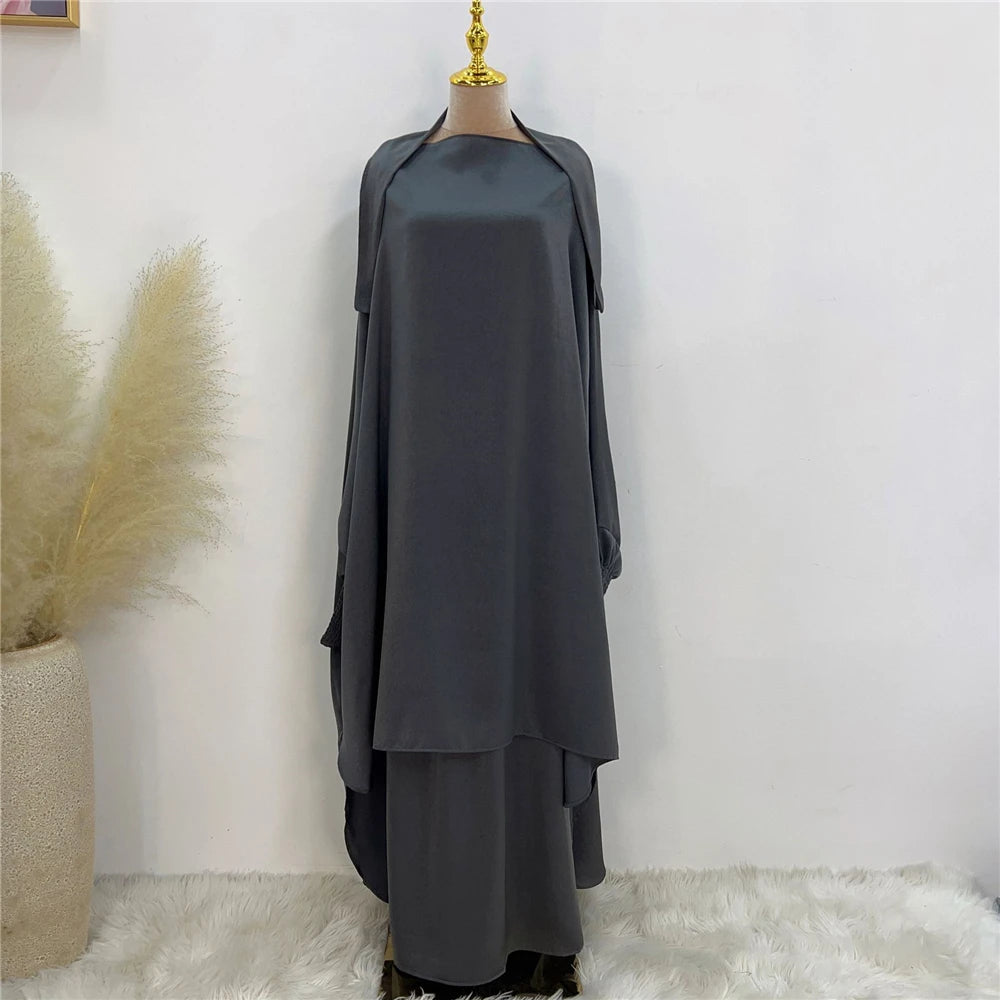 Eid Djellaba Kebaya Two-Piece Set – Hooded Satin Khimar & Skirt, One Size