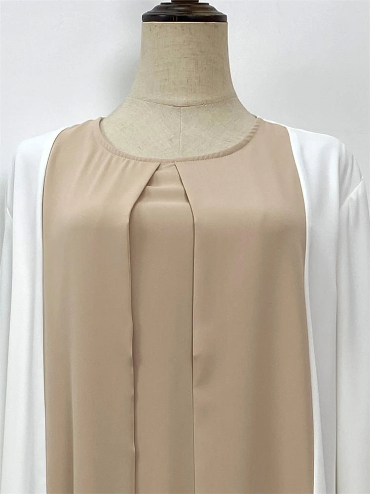 Luxury Splicing Faux Two-Piece Abaya – Zip Front Colour-Block Robe