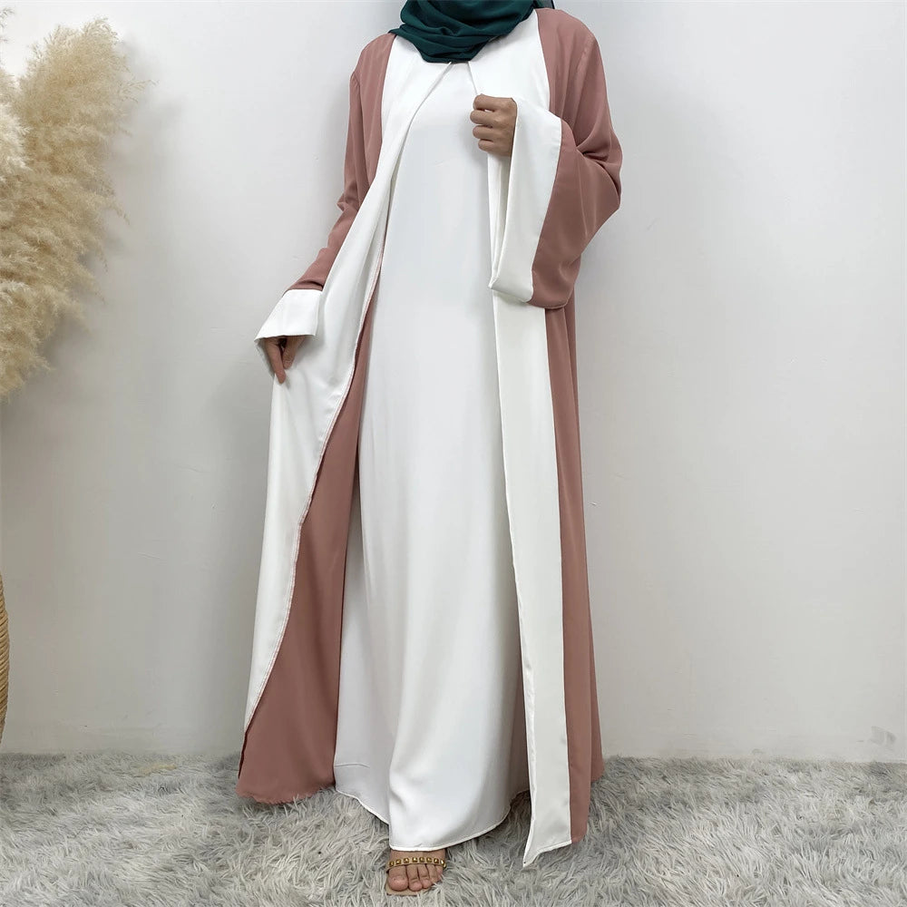 Luxury Splicing Faux Two-Piece Abaya – Zip Front Colour-Block Robe