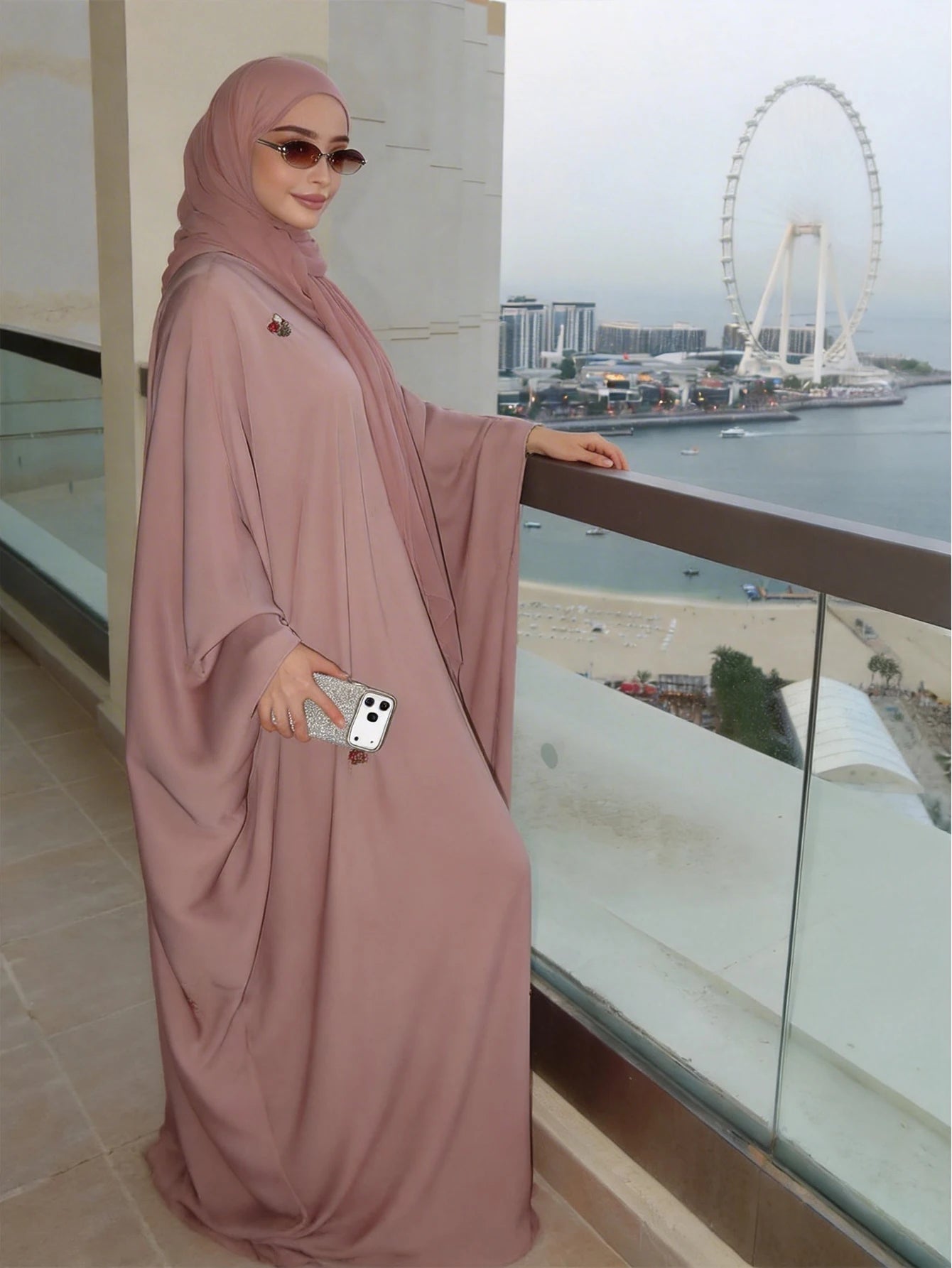 Pink Batwing Sleeve Abaya – Open Front Robe, One Size | AbayaVida