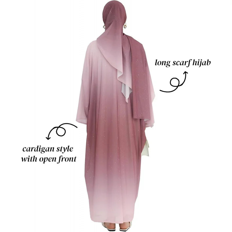 Gradient Sequin Chiffon Abaya Cardigan – Shimmer Open Front Robe with Hijab