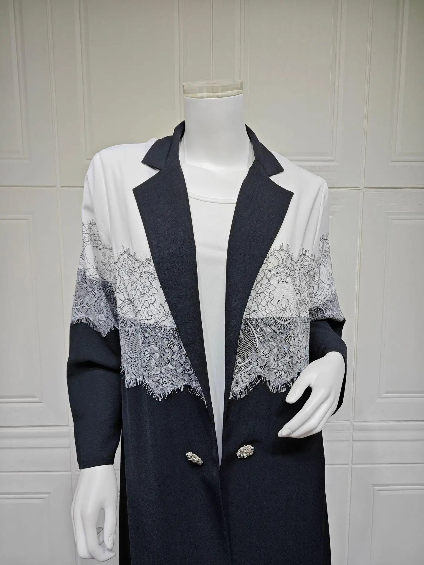 Modest Lace Trim Abaya – Open Front Robe with Lapel Collar