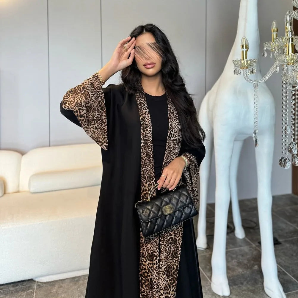 Leopard Trim Chiffon Abaya Set with Hijab – Open Front Kaftan | AbayaVida