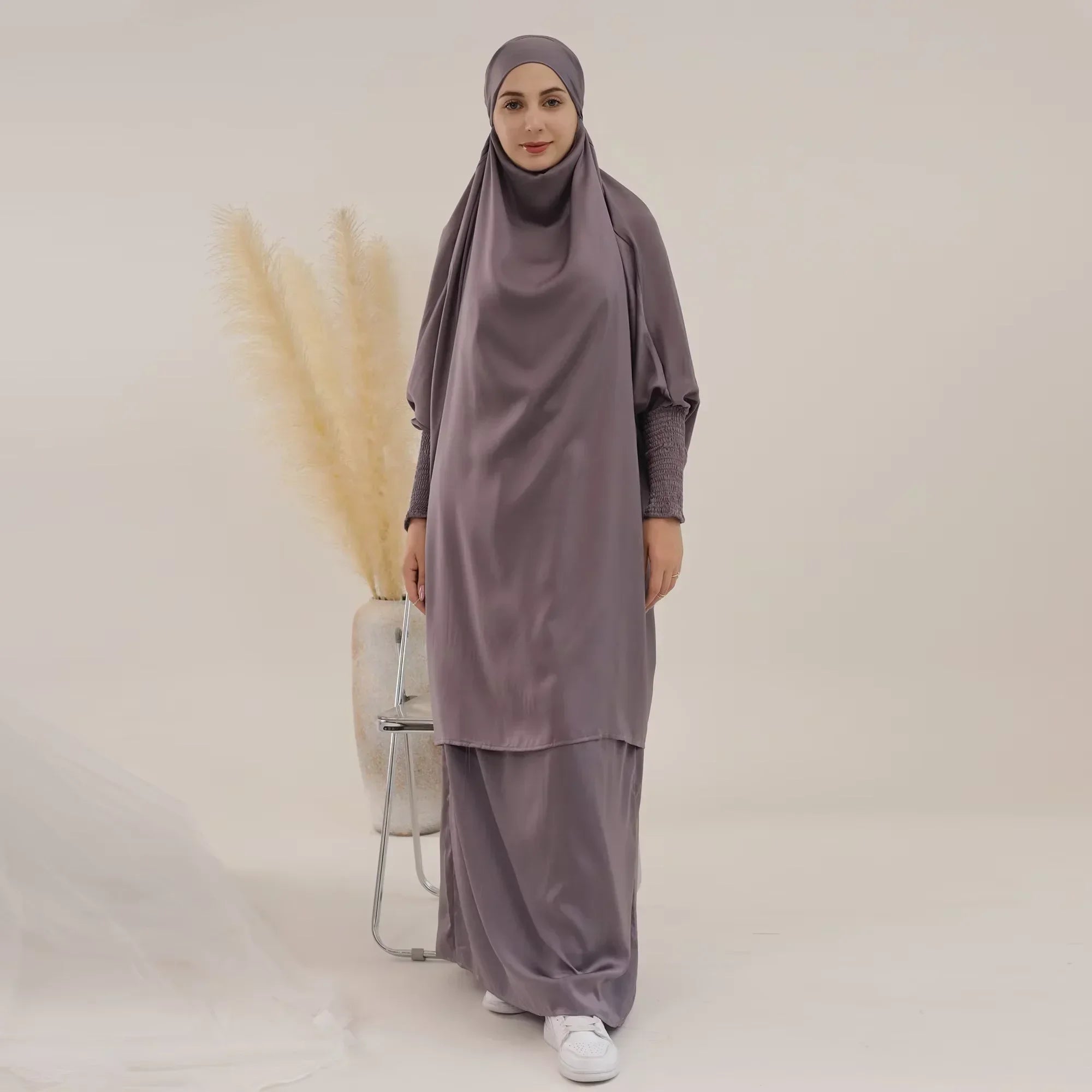 Eid Djellaba Kebaya Two-Piece Set – Hooded Satin Khimar & Skirt, One Size