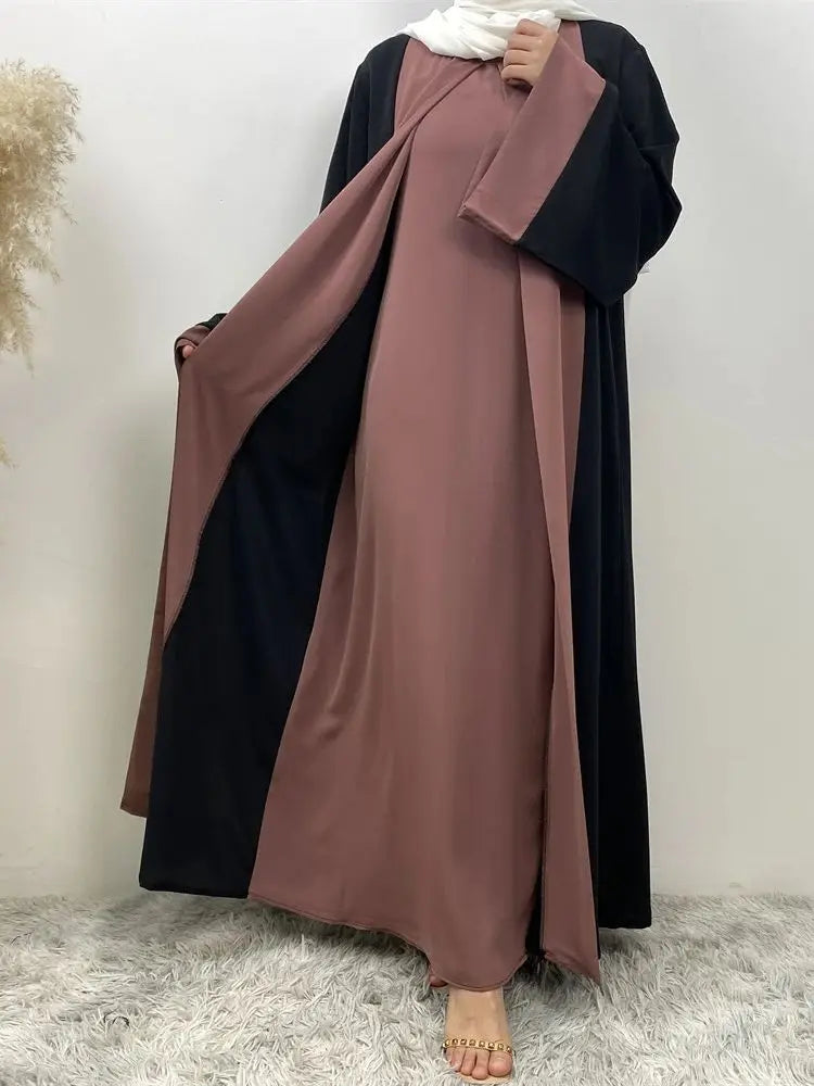 Luxury Splicing Faux Two-Piece Abaya – Zip Front Colour-Block Robe
