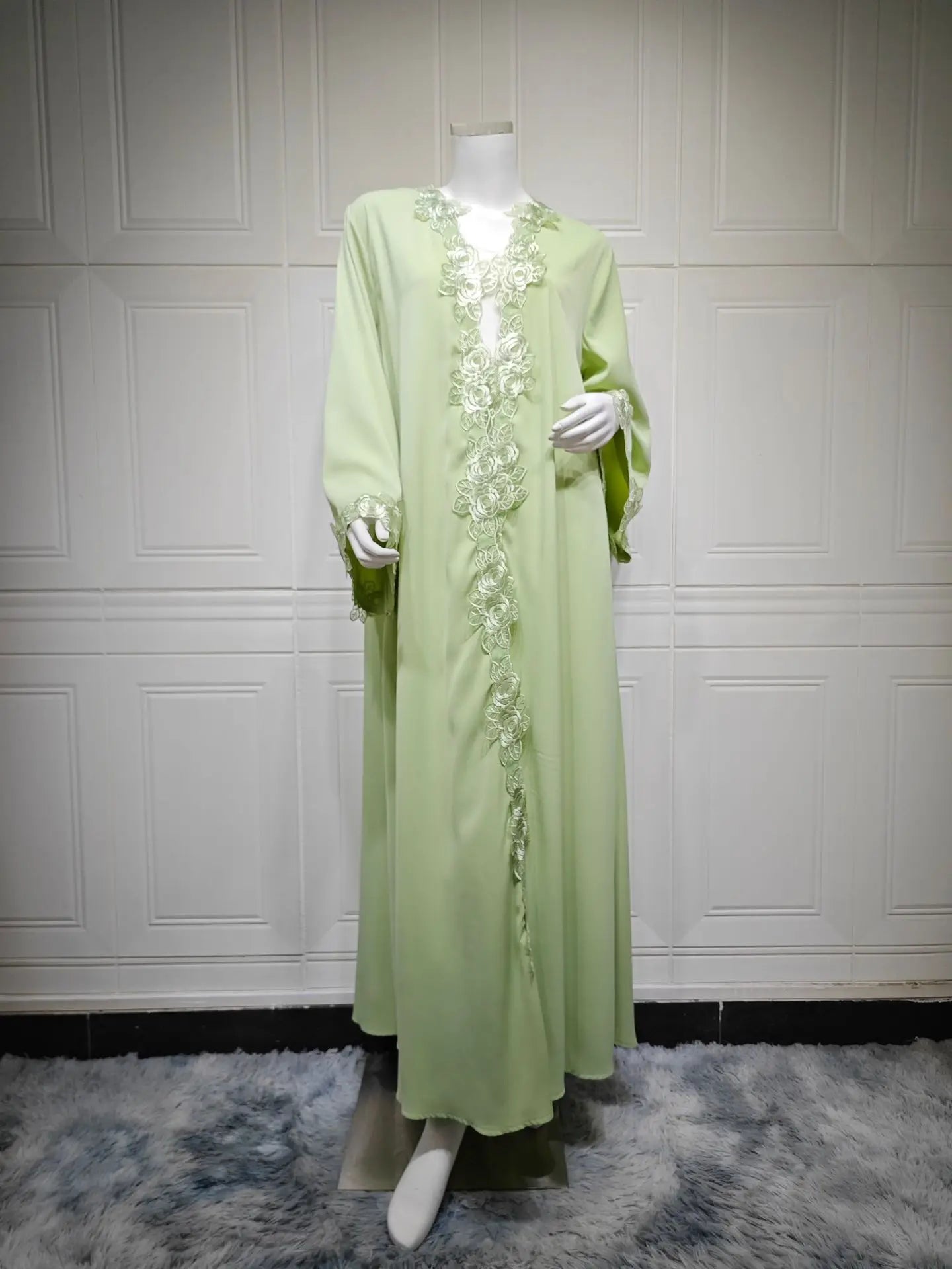 Embroidered Eid Cardigan Robe – Open Front Party Abaya in Green | AbayaVida