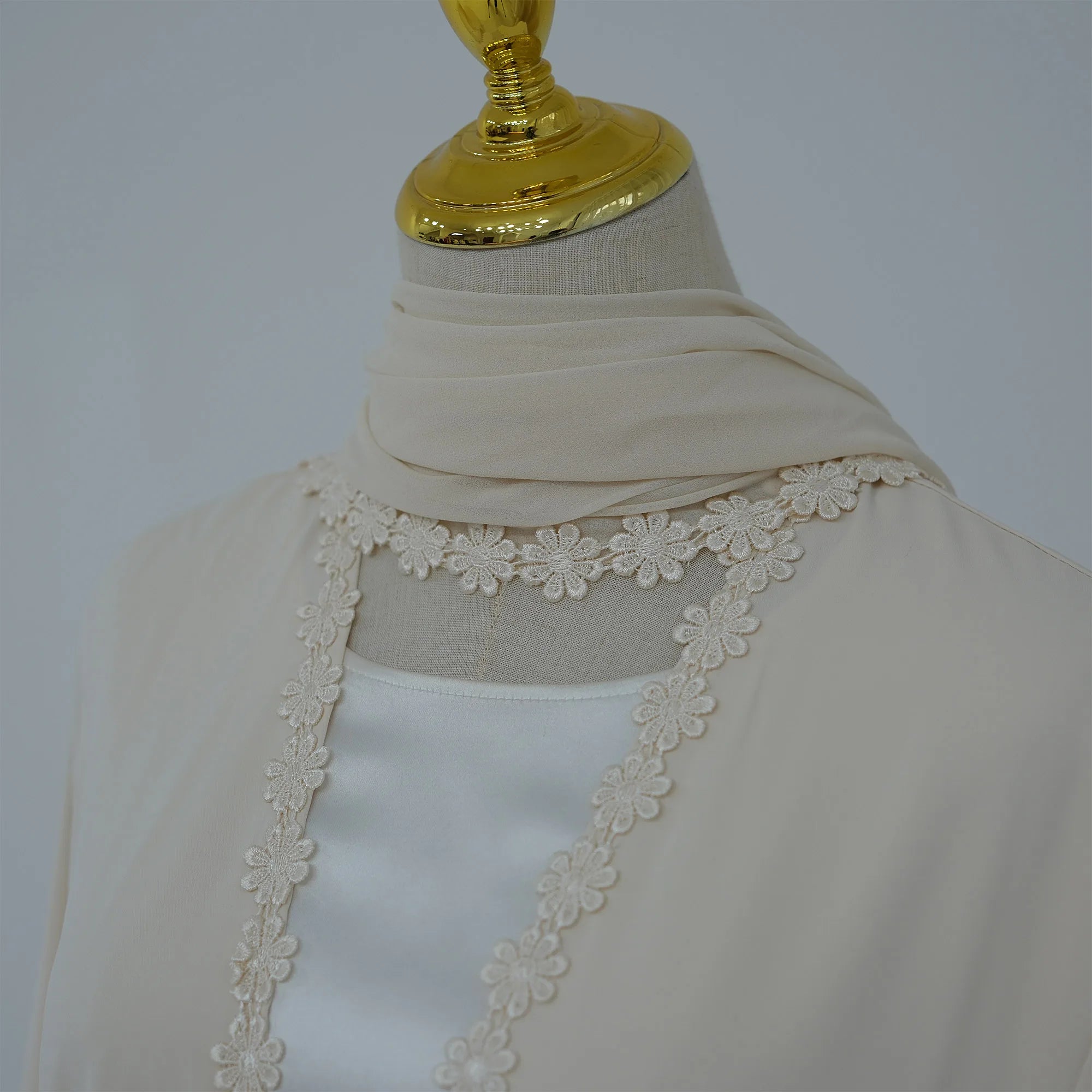 Summer Lace Flower Abaya with Scarf – Open Front Robe, Side Pockets