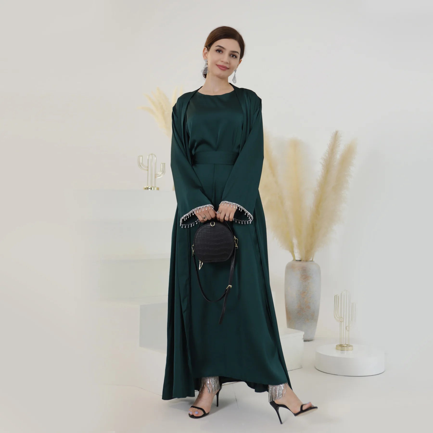 Nida Crystal Chain Evening Set – Cardigan, Dress & Chain - Grey - L | AbayaVida