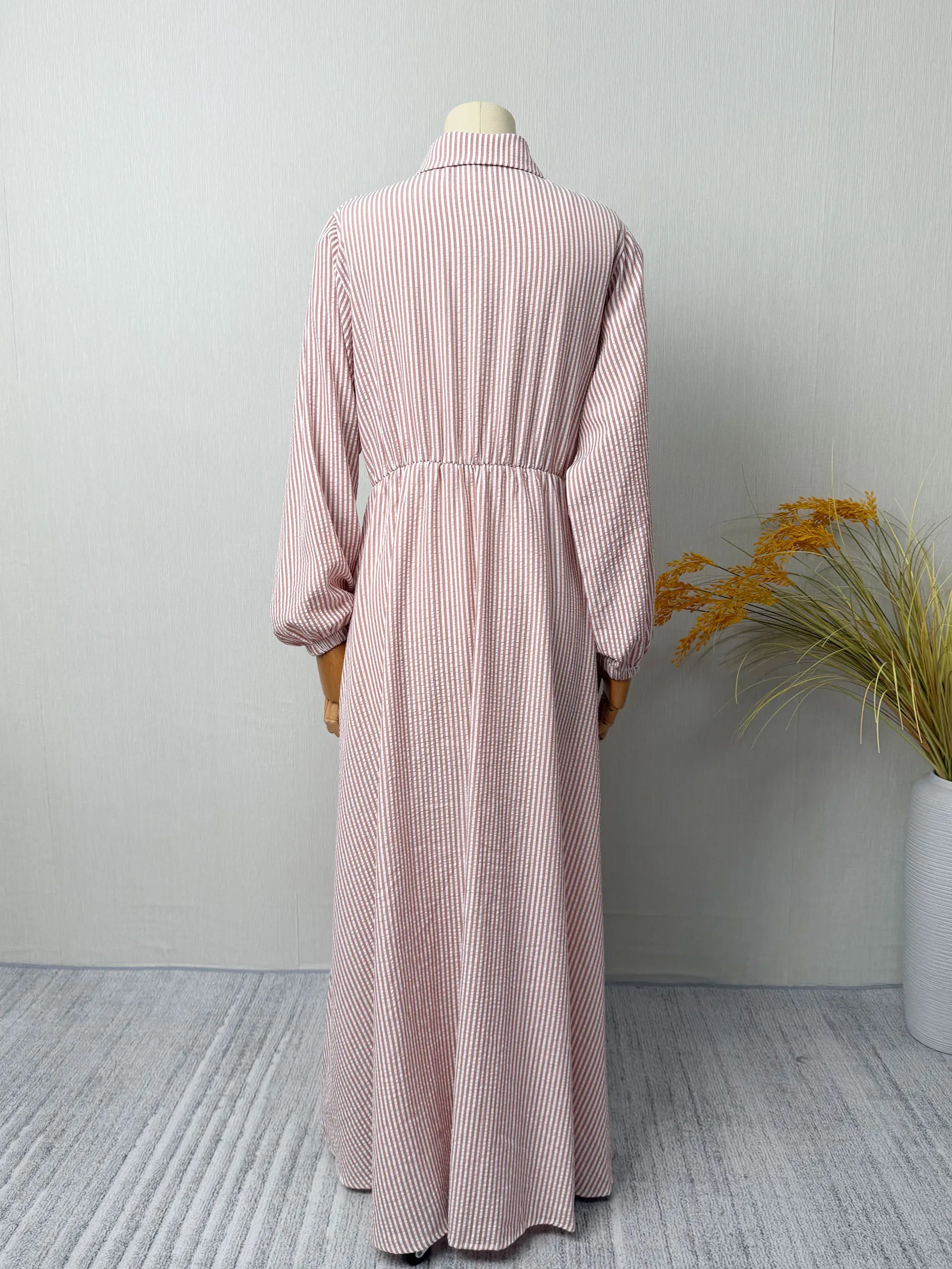 Belted Striped Modest Dress – Shirt Neckline Commute Robe | AbayaVida